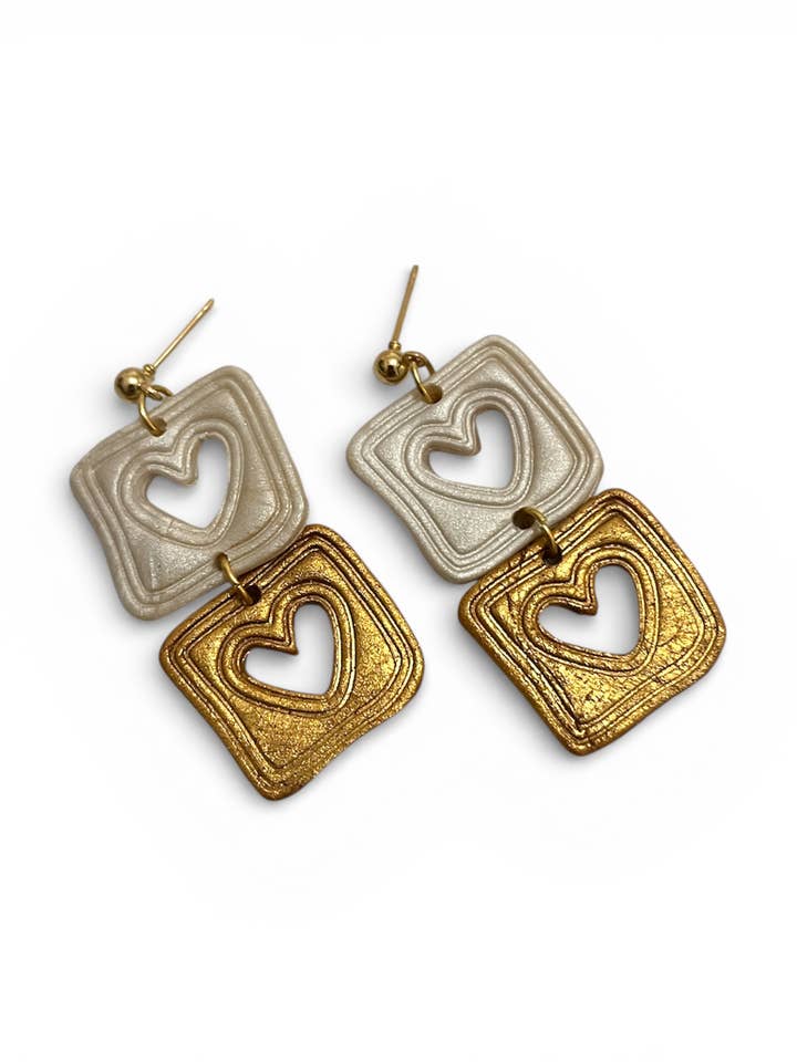 Gold & White hearts dangling Earrings for wholesale by Showy LLC