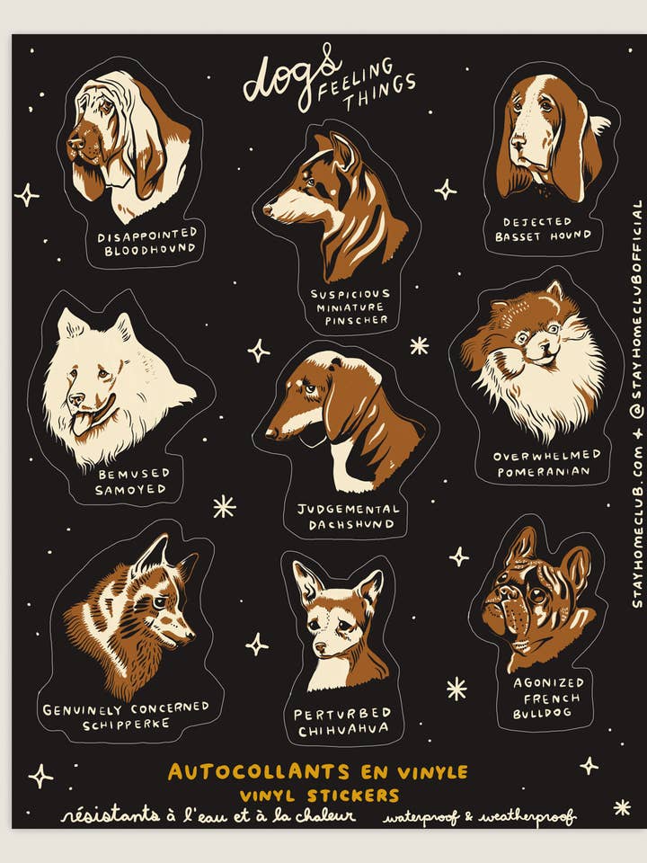 Dogs Feeling Things Mega 8" x 10" Vinyl Sticker Sheet for wholesale by Stay Home Club