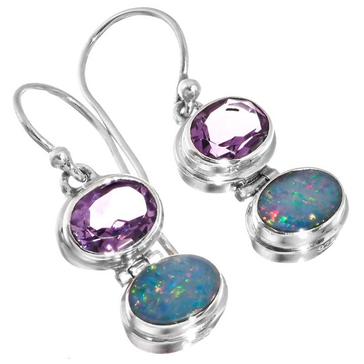 925 silver amethyst gems 10mm natural australian opal sterling earrings, 1/2" for wholesale by FifiRose