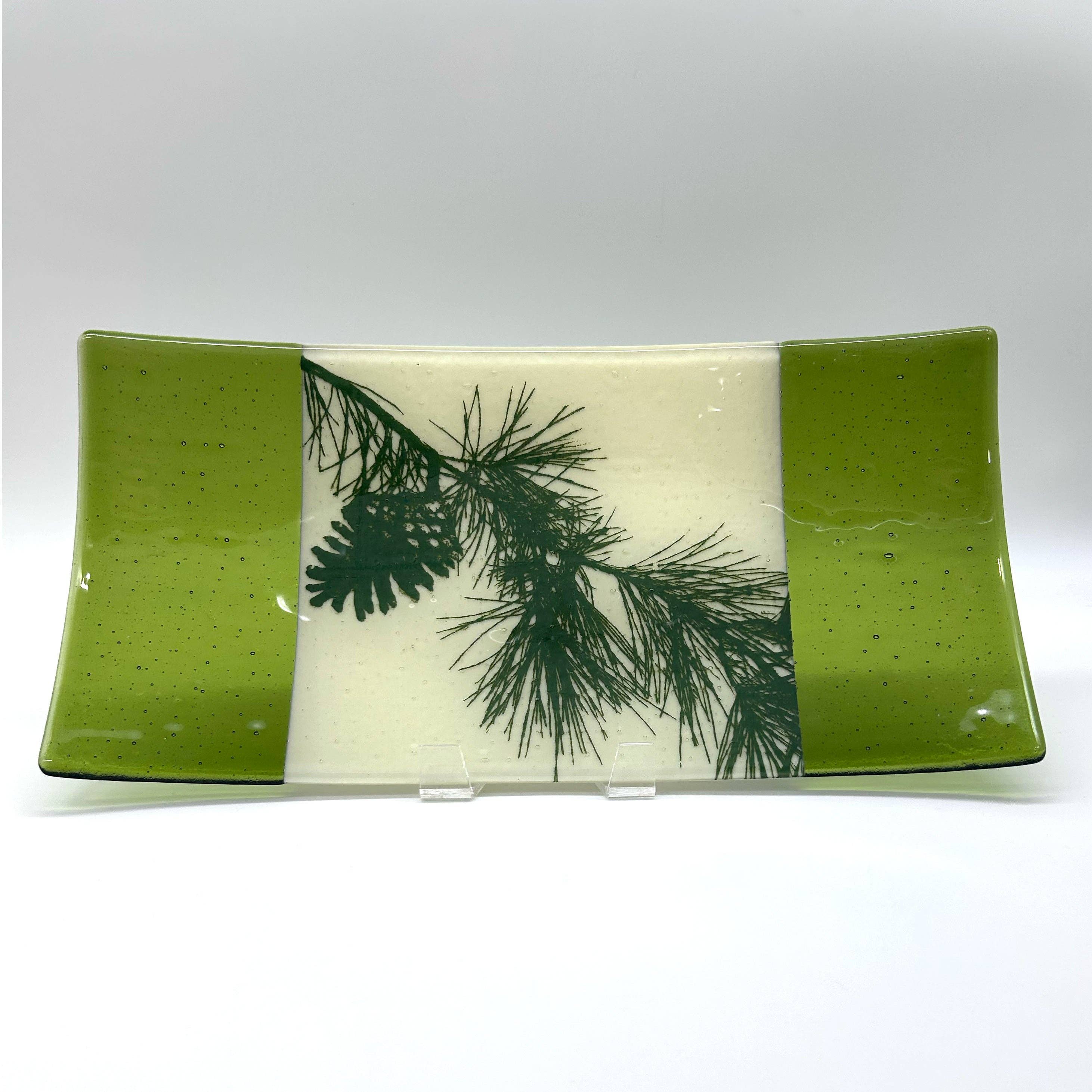 Kiku Handmade | Contemporary Fused Glass Home Goods - Wholesale Platter - Pine Bough 15" Long Fused Glass Serving Platter1