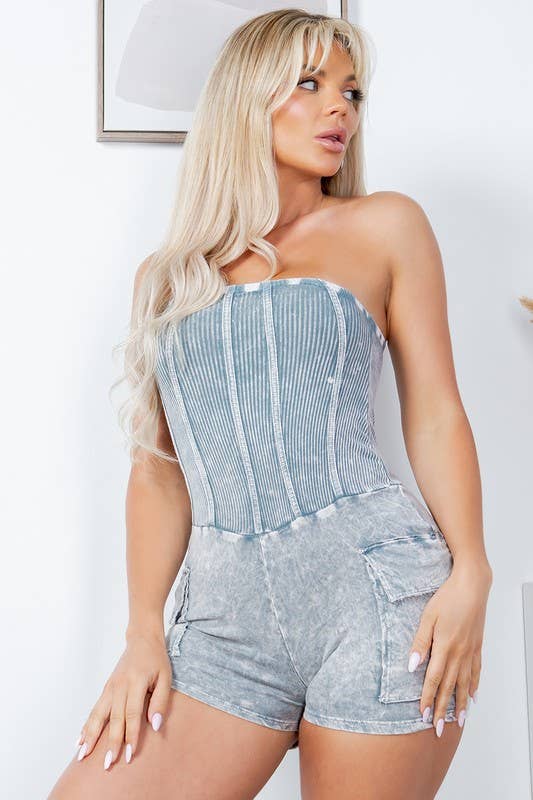 Jour - Wholesale Romper - Women's - Mineral Washed Tube Corset Romper GD433111