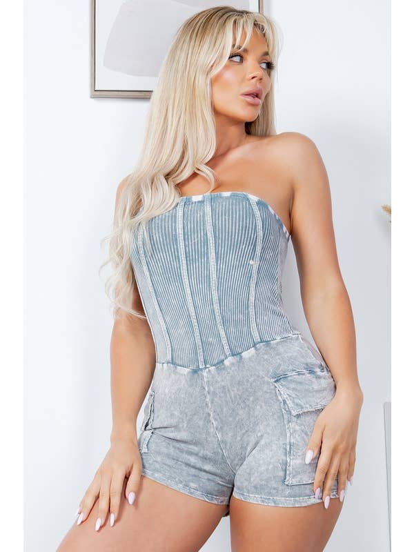 Jour - Wholesale Romper - Women's - Mineral Washed Tube Corset Romper GD433111