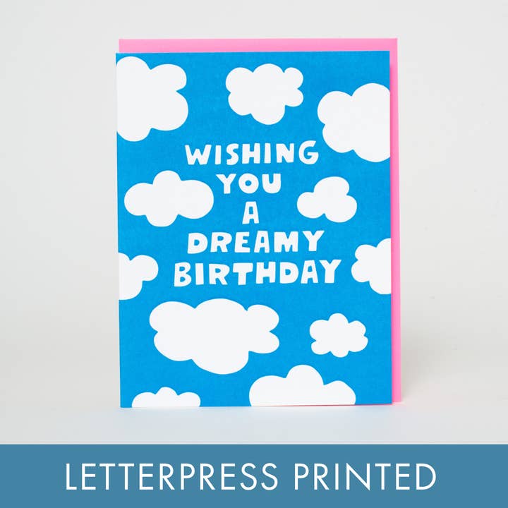 Dreamy Birthday Clouds Letterpress Greeting Card by Ashkahn for wholesale by Egg Press Manufacturing