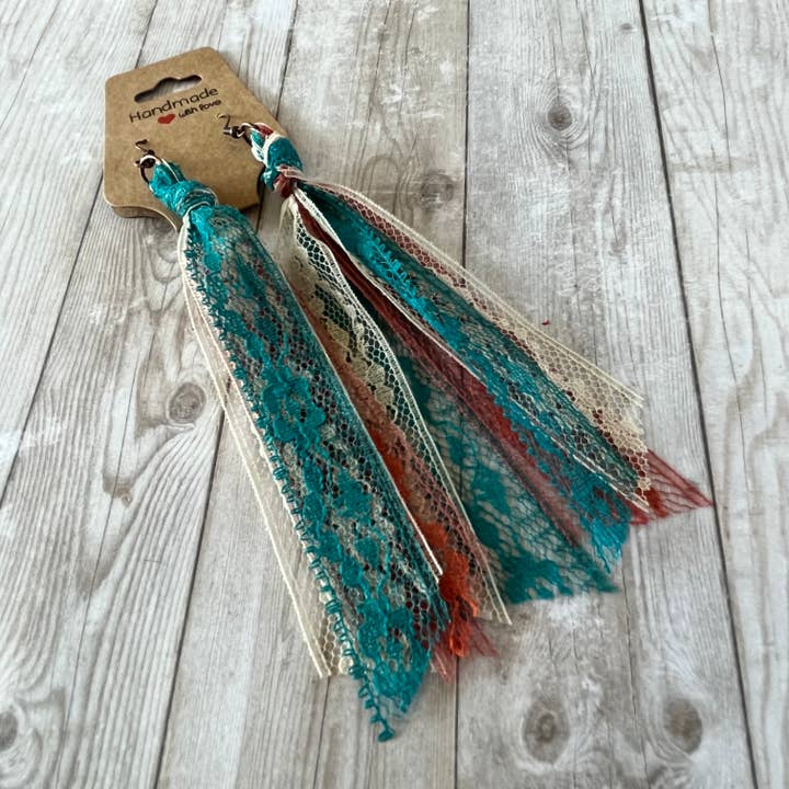 Open Window Studios - Wholesale Tassel Earrings - Western Blend Lace Tassel Earrings Teal, Rust, Cream