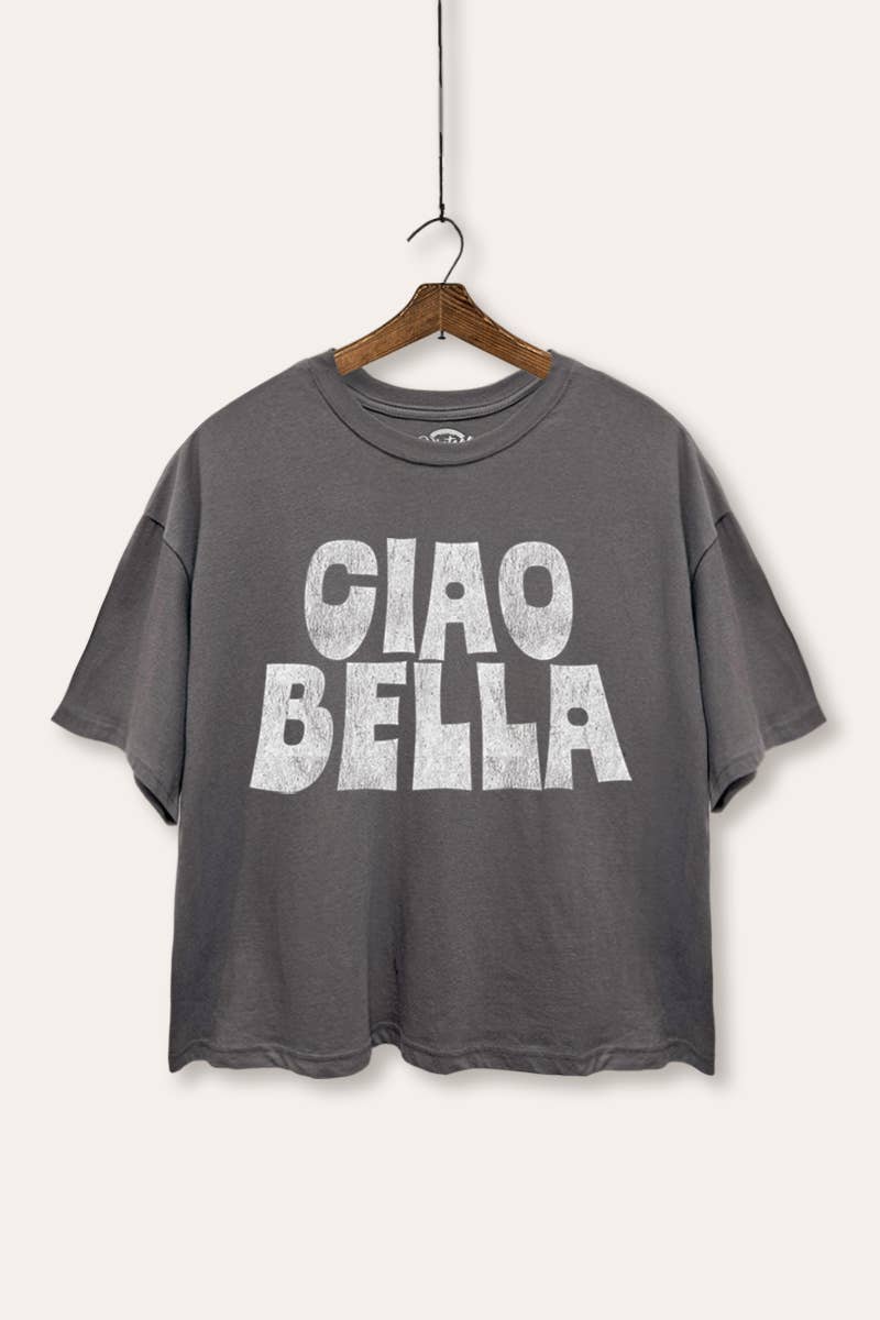 VINTAGE POINT USA - Wholesale Screen Printed T-Shirt - Women's - "CIAO BELLA" TYPOGRAPHY GRAPHIC BOXY CROP TOP1