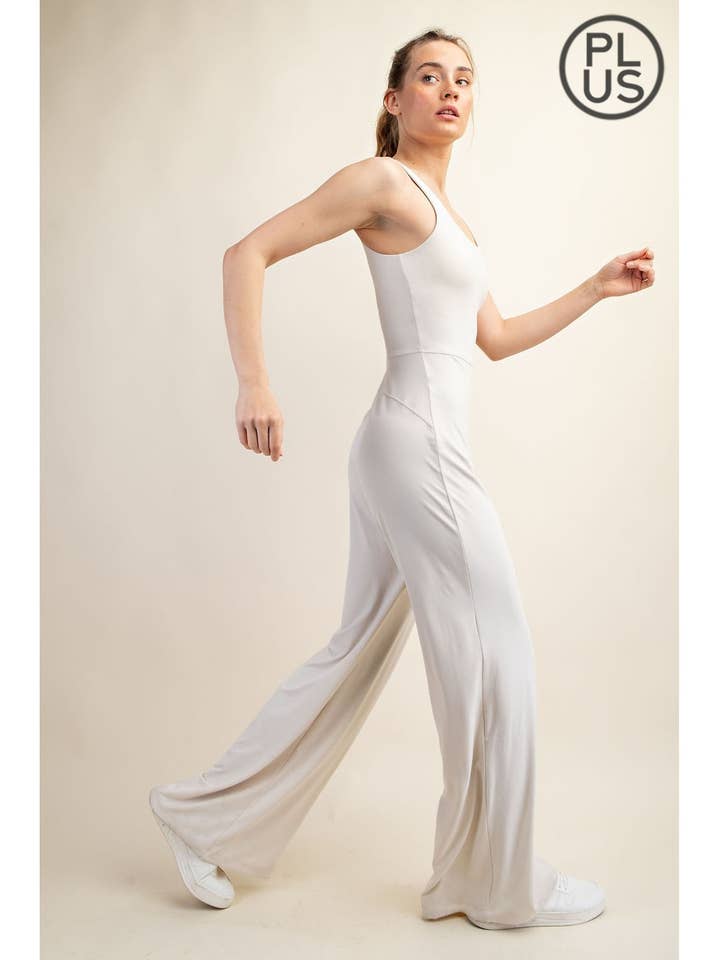 PLUS SIZE RECYCLED BUTTER WIDE LEG JUMPSUIT for wholesale by Rae Mode