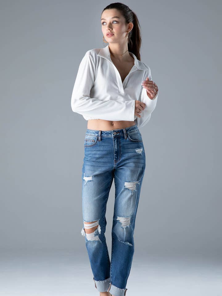 Women's Dark Super High Rise Distress Mom Denim Jeans for wholesale by Ceros Jeans