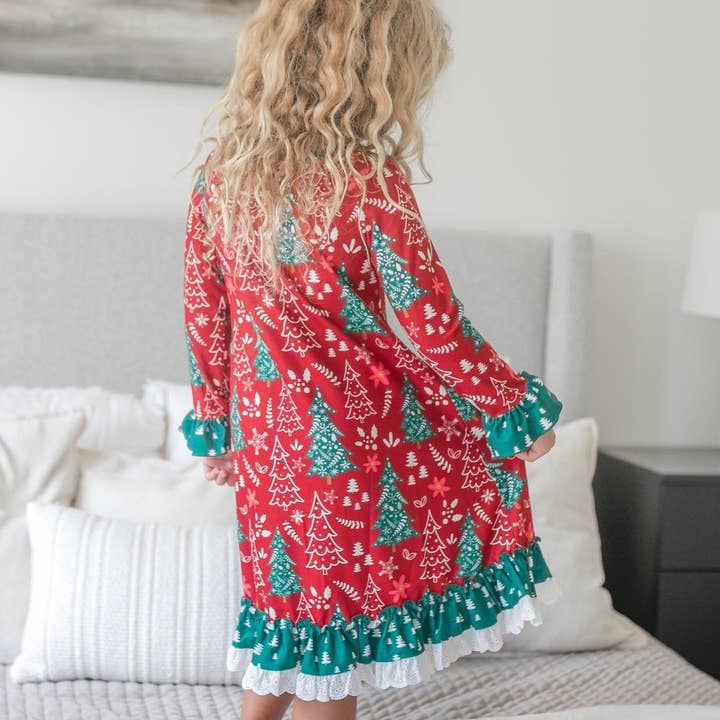 Oopsie Daisy - Wholesale Nightdress - Kids - Kids Red & Green Christmas Tree Ruffle Lounge Play Gown