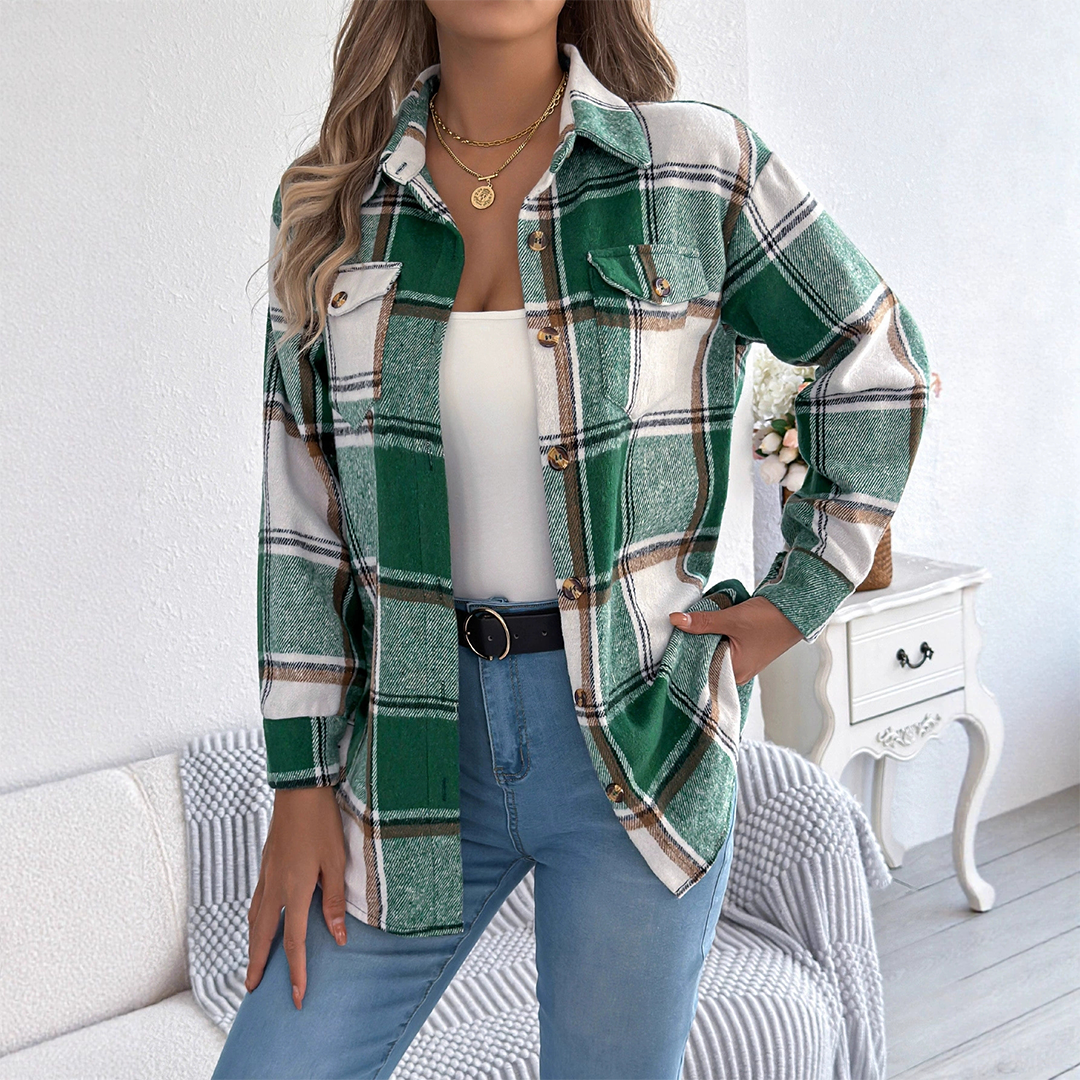 UNISHE – wholesale Jacket – Women's – Fall Plaid Faux Pocket Long Sleeve Mid-Length Jacket BJS2779