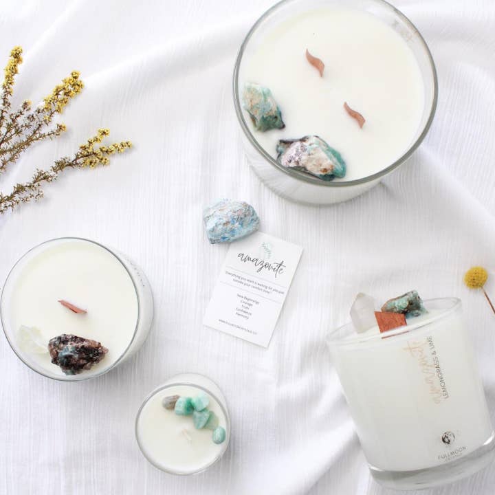 Fullmoon Crystals - Wholesale Jar/filled candle - Lemongrass & Lime Amazonite Crystal Candle1