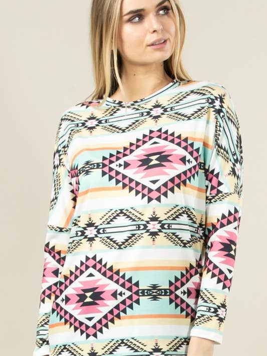 KC010-NATASHA AZTEC PRINT DOLMAN SLEEVE TUNIC for wholesale by Avery