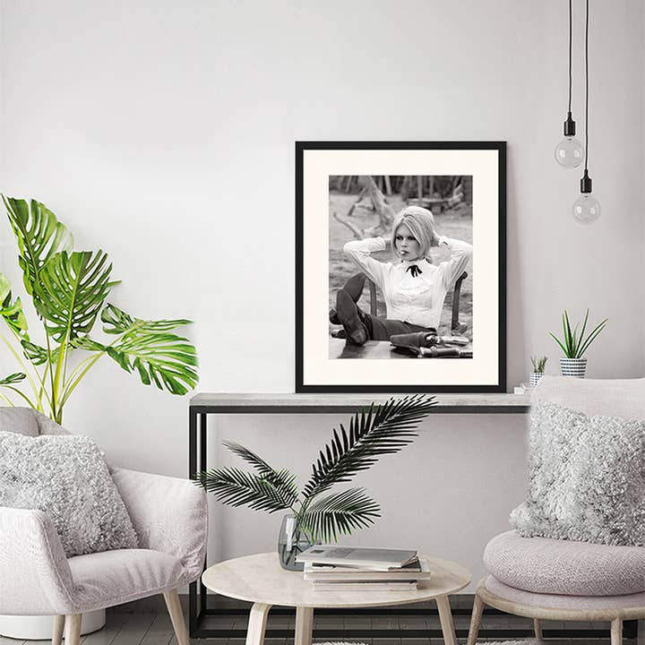 Black Brigitte Bardot on Set. Wall art print with frame. for wholesale on Faire9