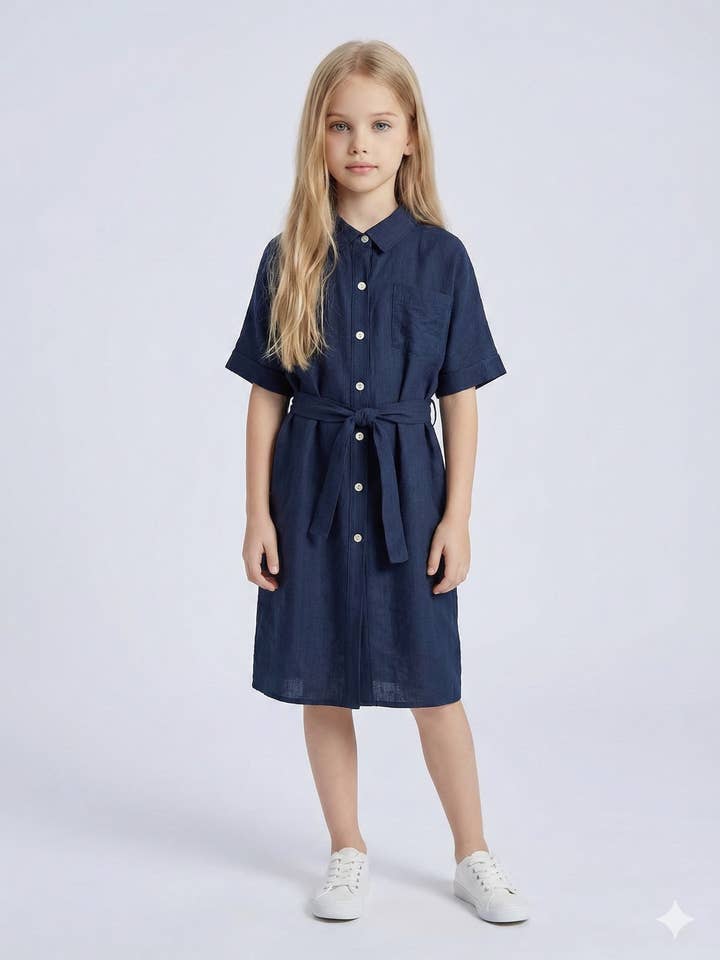 Linen-touch shirt dress with belt for girl for wholesale by MINI MIGNON PARIS