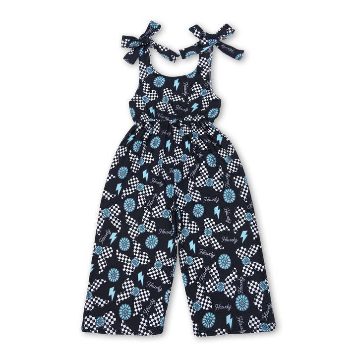 Straps turquoise bow howdy western girls jumpsuit for wholesale by Yawoo Garments