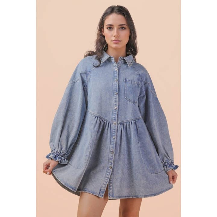 Washed Denim Button Down Shirt Casual Mini Dress for wholesale by IVE