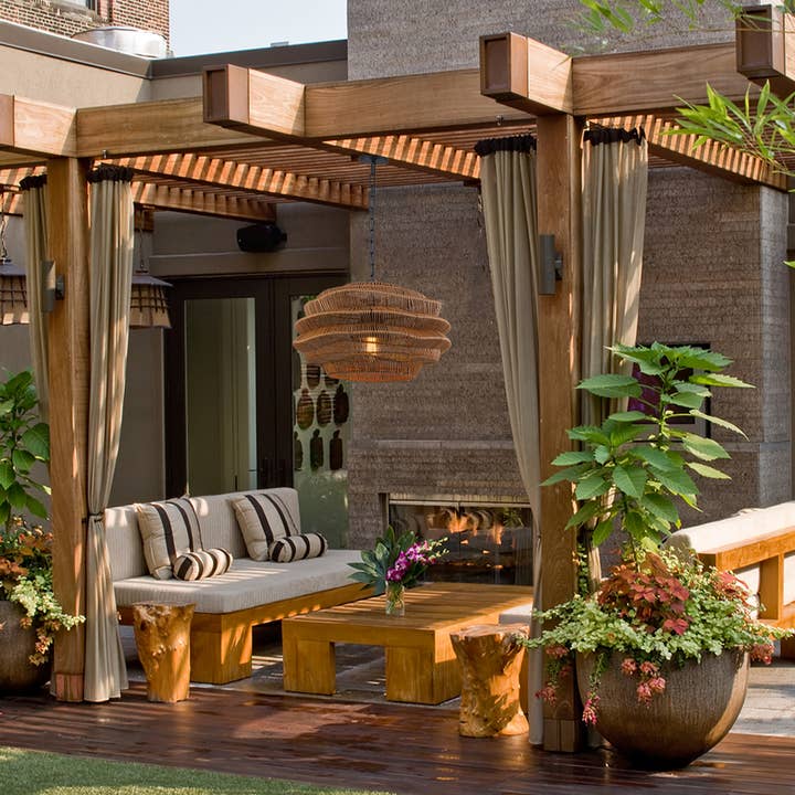 ELE Light & Decor - Vente Lustre/Suspension - Suspension en rotin côtier d'extérieur à 1 lumière avec abat-jour marron5