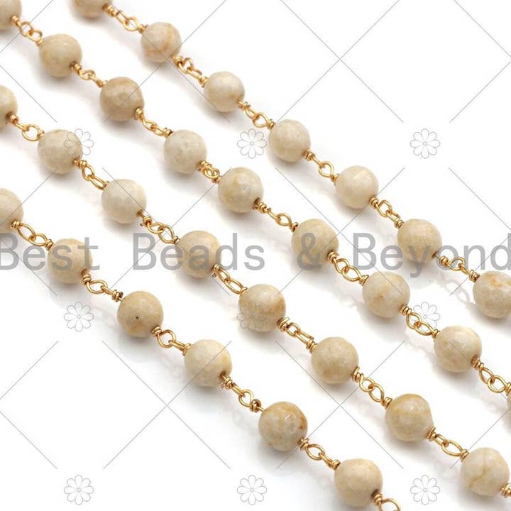 BestBeads&Beyond – Großhandel Perlenkette – Natürliche Korallen-Rosenkranzkette, 6mm weiße Koralle Perlenkette, Draht umwickelte Goldkette, Halskette Armband Bauch Gläser Drahtglieder Kette, Sku #V73