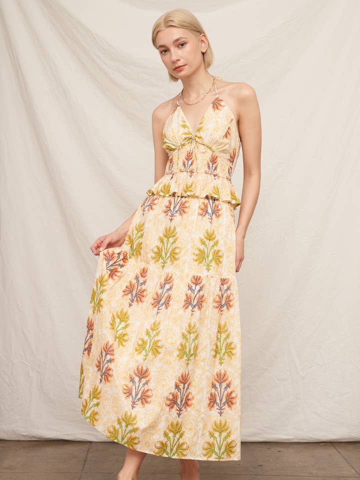 Ivory Yellow Printed Tiered Maxi Skirt for wholesale on Faire