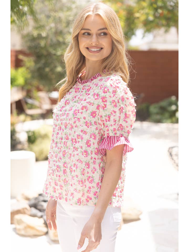 Pink 35747 Mixed Print with Vertical Lace Detail Top for wholesale on Faire