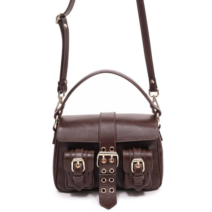 Marron foncé Petite boucle en forme de miel en cuir italien marron foncé et doré en vente sur Faire