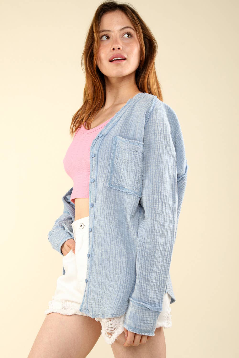 VERY J - Wholesale Button Down Shirt - Women's - NT11350-Oversized Washed Woven Crinkled Gauze Shirt Top10