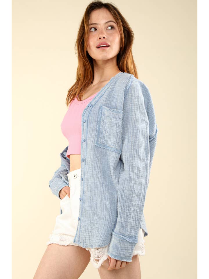 VERY J - Wholesale Button Down Shirt - Women's - NT11350-Oversized Washed Woven Crinkled Gauze Shirt Top10