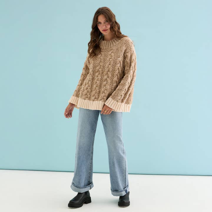 Cara & The Sky - Wholesale Knit Sweater - Women's - Jennie Cable High Neck Balloon Sleeve Jumper - Beige5