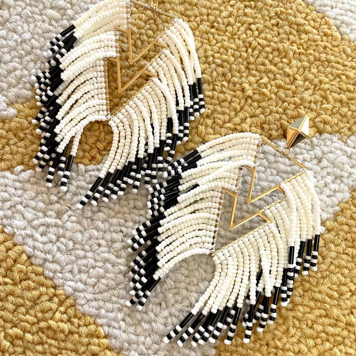 XTRA by Stacey - Wholesale Dangle Earrings - Black and White Southwestern Beadwork Statement Earrings