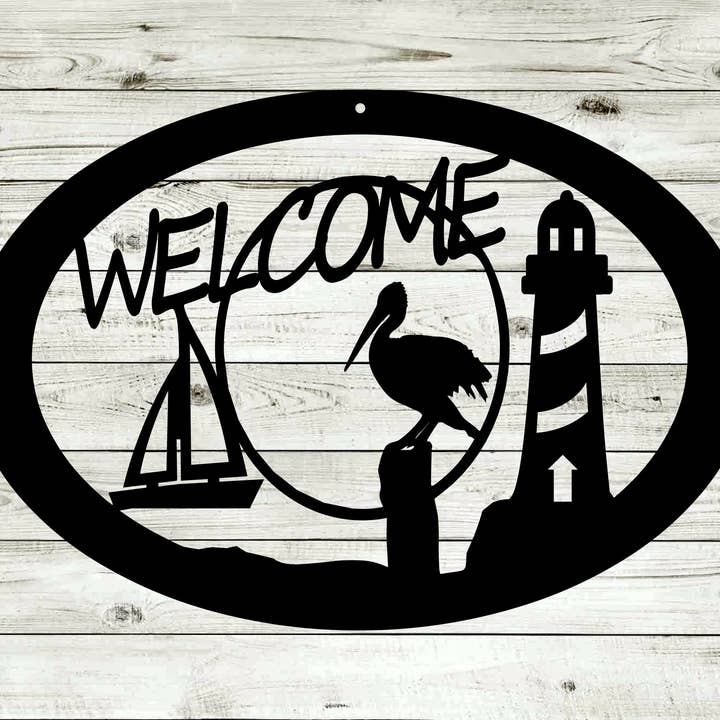 Lighthouse Pelican Sailboat Metal Steel Oval Welcome Sign for wholesale by SherFab Industries, LLC.
