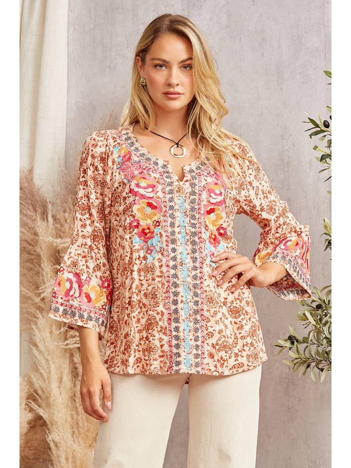 BEIGE RUST Embroidered Top With Split Neckline 12884-43 for wholesale on Faire