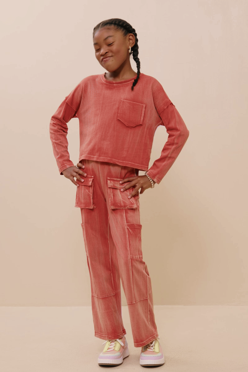 Hayden LA - Wholesale T-Shirt - Kids - Girls Washed Chest Pocket Long Sleeve Knit T Shirt7