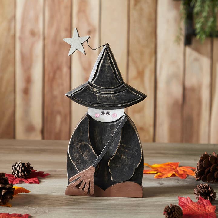 VHC Brands - Wholesale Decorative Tabletop Object - Witch w/ Broom Wooden Figurine 10x5.5x1.5