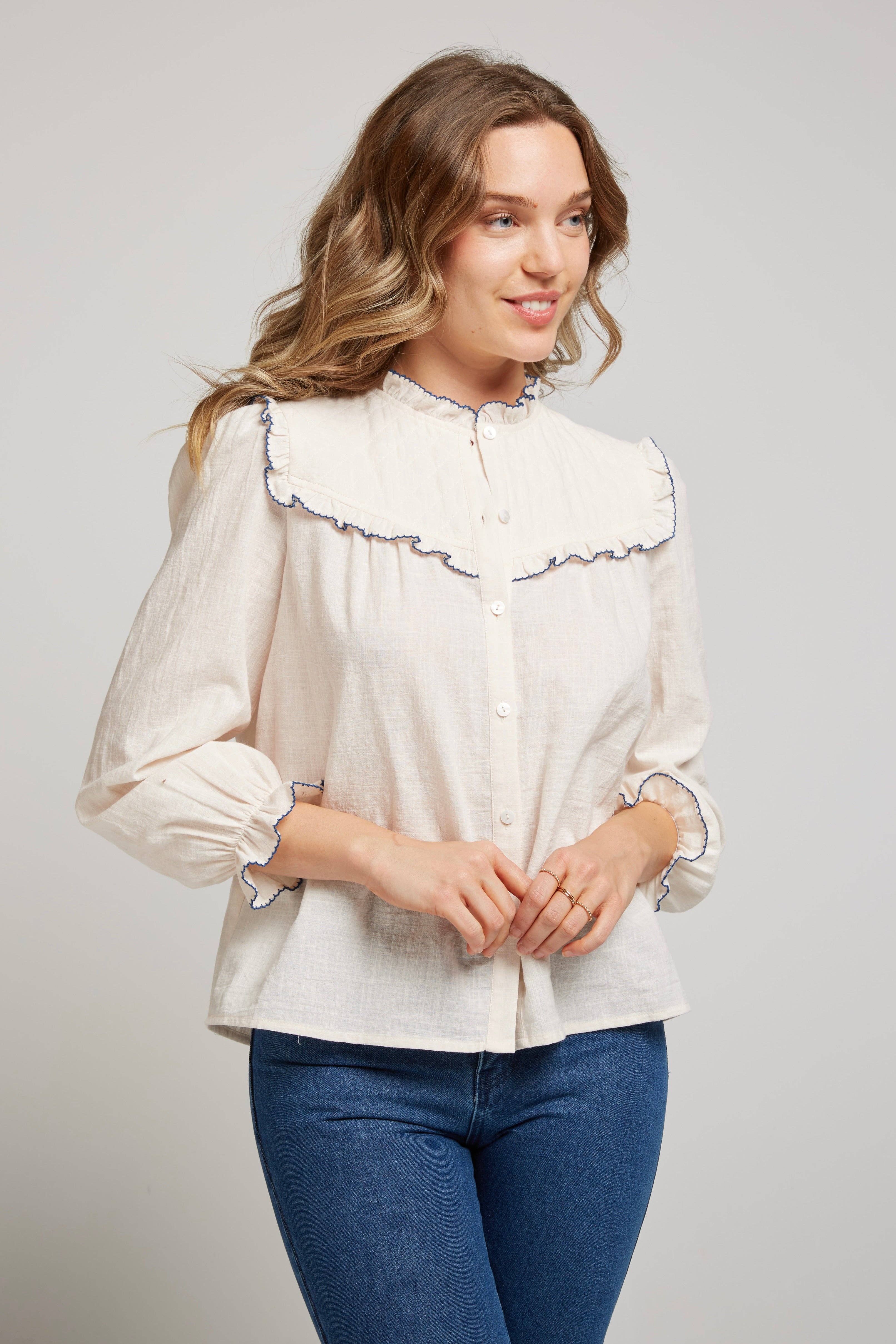 Andy & Lucy - Wholesale Blouse - Women's - FLORIE - Ecru blouse with ruffled colored edges