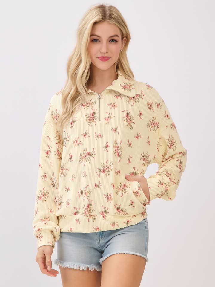 TL2044 Pull à col zippé quart en maille côtelée à motif floral pour la vente par BOMBOM