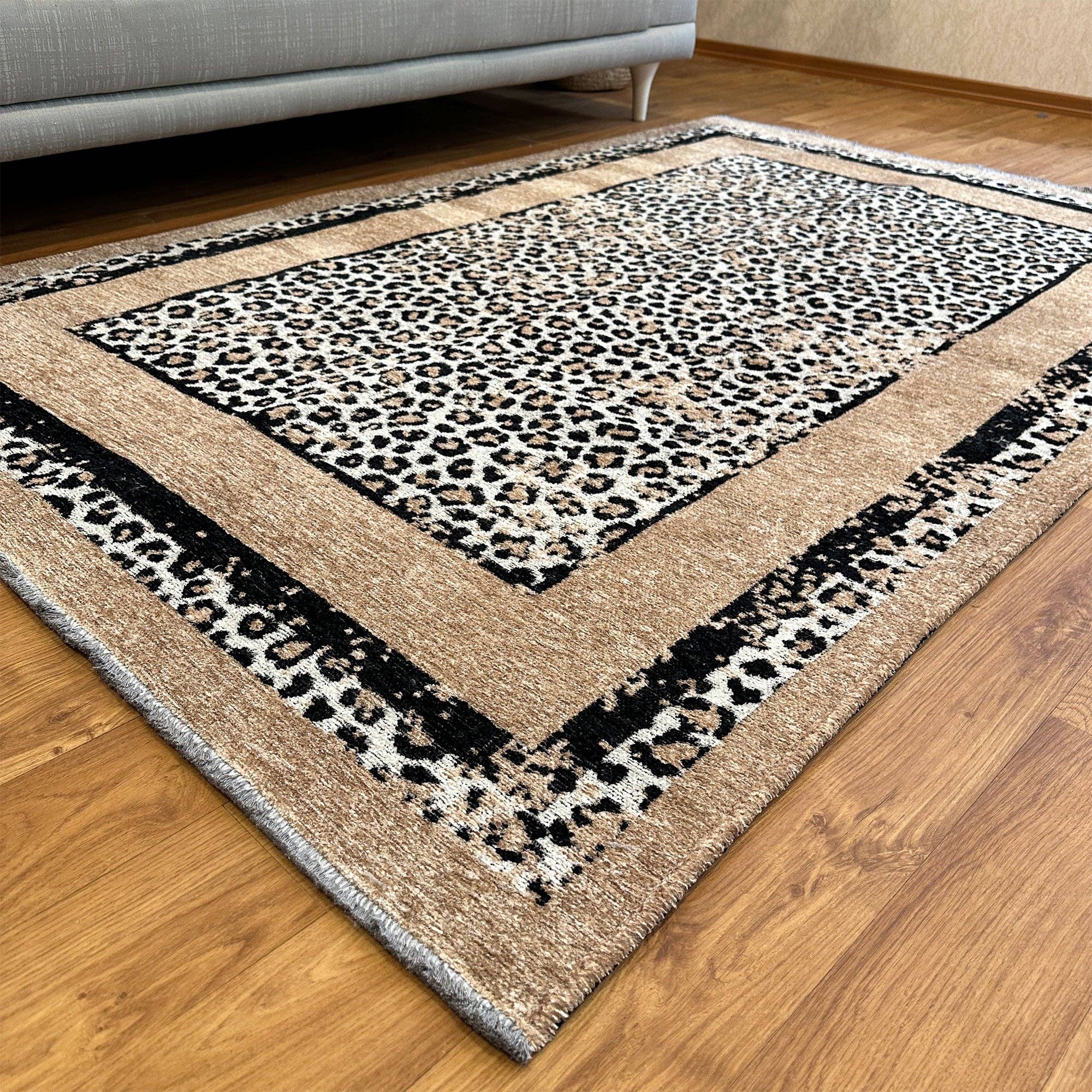 Reversible Leopard Black Beige Washable Area Rugs for wholesale on Faire2