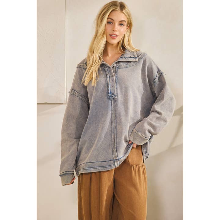 DENIM THE WASHED FRINGE HENLEY PULLOVER (ST8148) for wholesale on Faire4