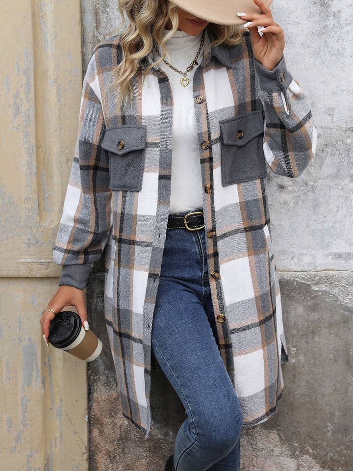 Suhkasana - Wholesale Shirt Jacket/Shacket - Women's - Plaid Shirt Jacket for Women - Long Button Front Coat16