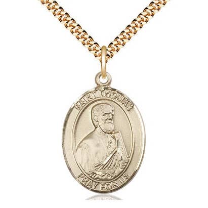 St Thomas the Apostle 14kt Gold Filled Pendant on a 24 inch Gold Plate Heavy Curb Chain. for wholesale by NYMAN JEWELERS
