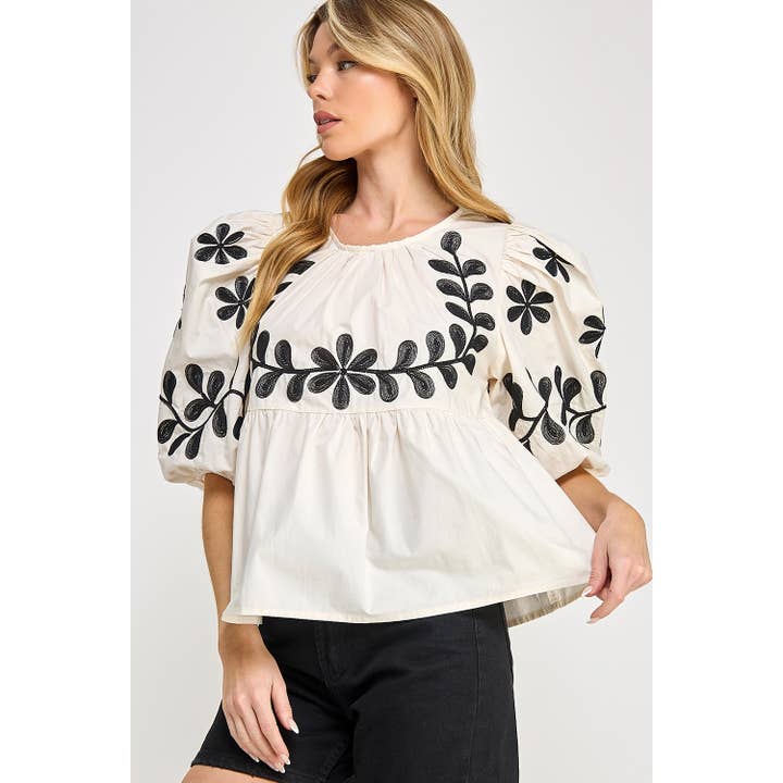 cream BOHO PUFF-SLEEVE EMBROIDERED TOP (ST7671) for wholesale on Faire
