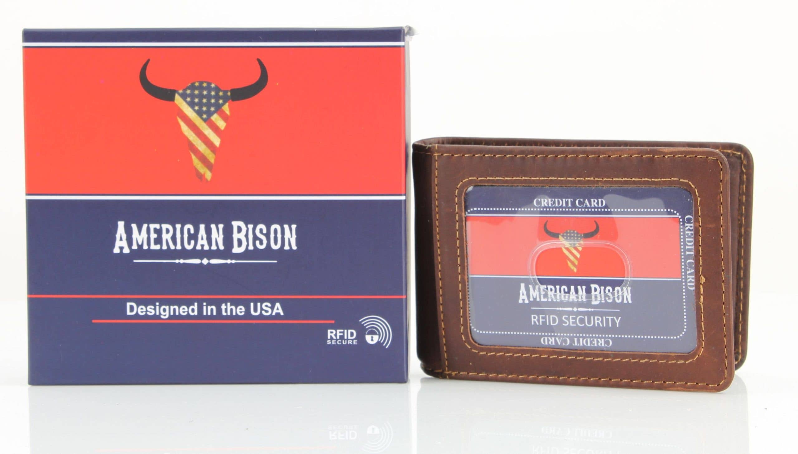 Leather Impressions Inc - Venta al por mayor Cartera - Hombre - Billetera American Bison RFID de piel con clip para billetes, doble pliegue5