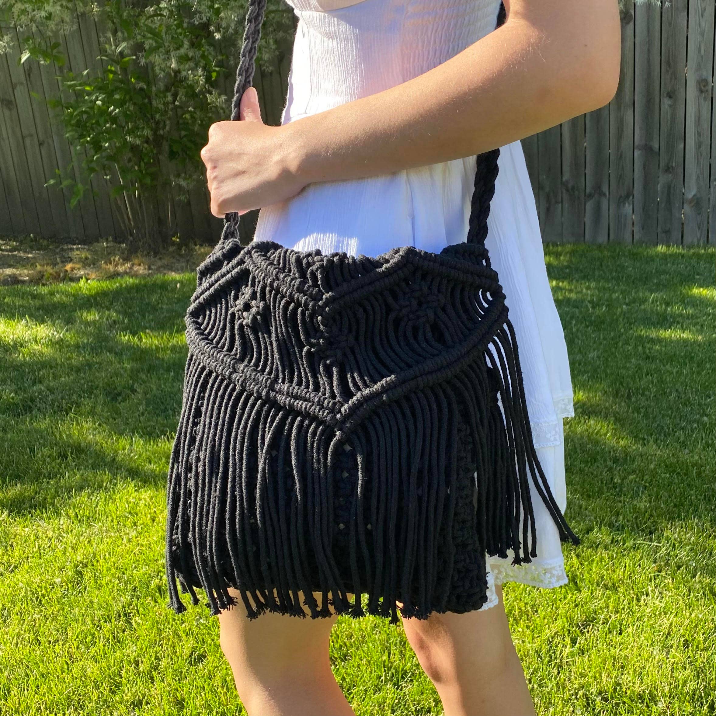 Global Crafts - Wholesale Shoulder Bag - Women's - Handmade Boho Macrame Shoulder Bag, Black with Fringe3
