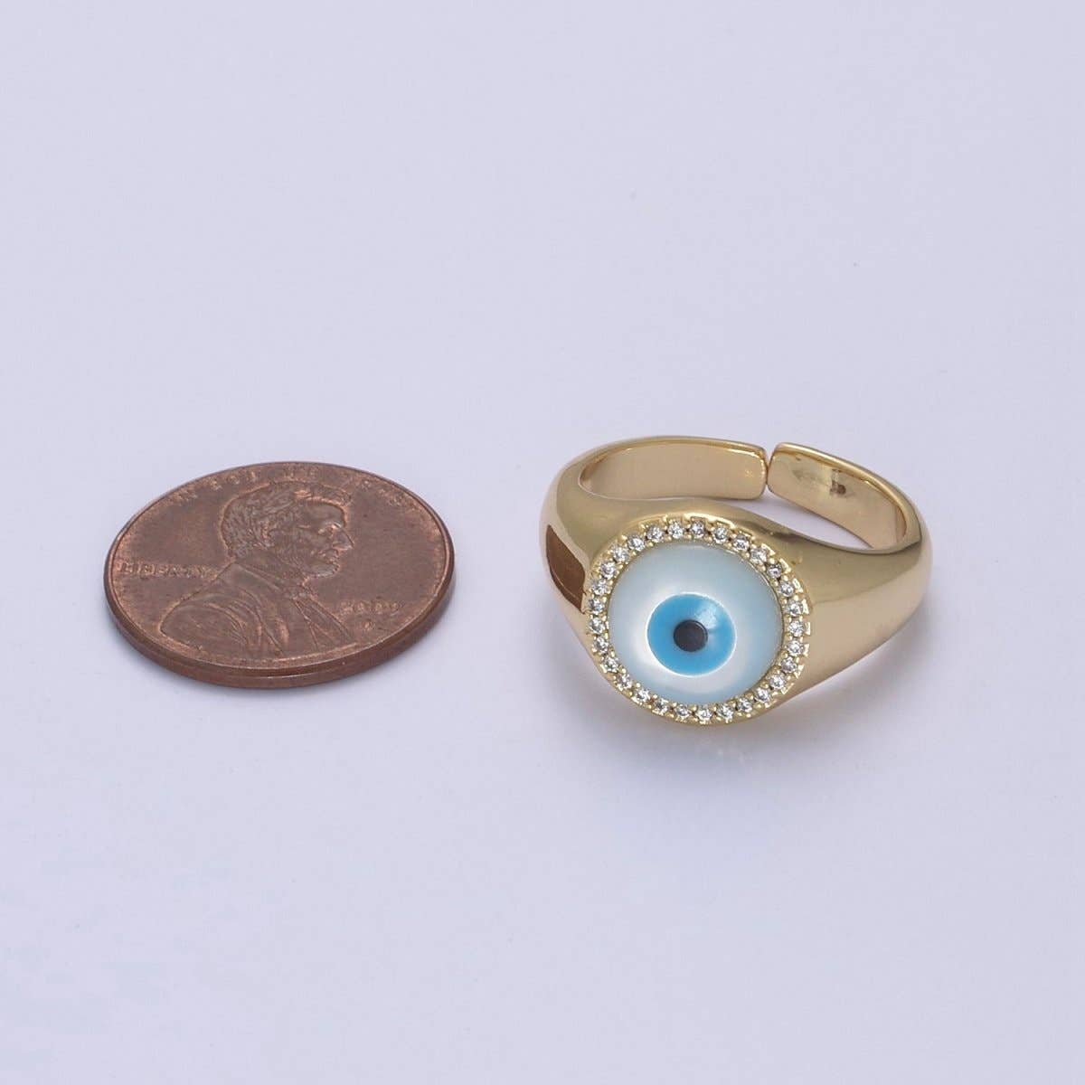 Aim Eternal - Wholesale Cocktail/Statement Ring - 14K Gold Filled Micro Pave Evil Eye Blue Dome Ring Open Adjustable Ring U-4743