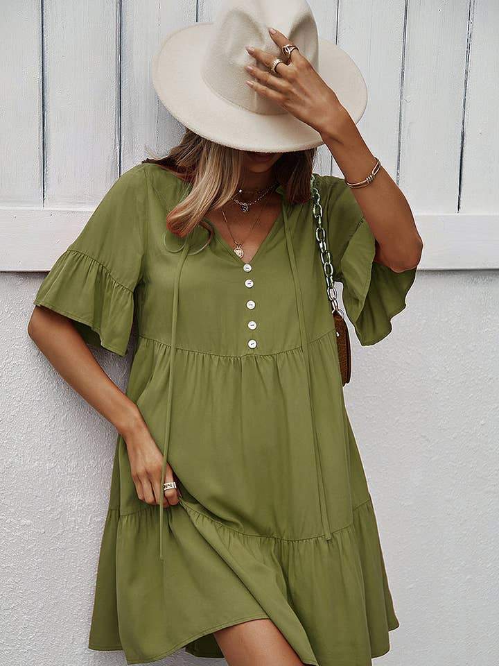 Supreme Fashion – wholesale Dress – Women's – V Neck Flounce Sleeve Ruffle Hem Tie Neck Smock Dress2