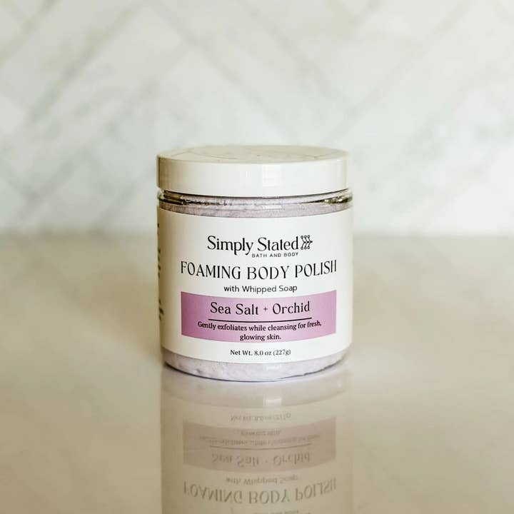 Gommage corporel moussant à l'orchidée et au sel marin | Gommage exfoliant pour le corps pour la vente par Simply Stated Bath & Body