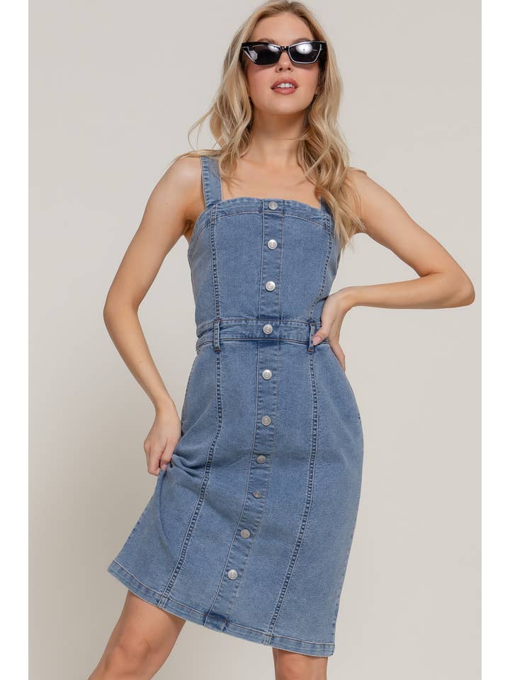 Straight Neckline Button Down Placket Stretch Denim Dress for wholesale on Faire