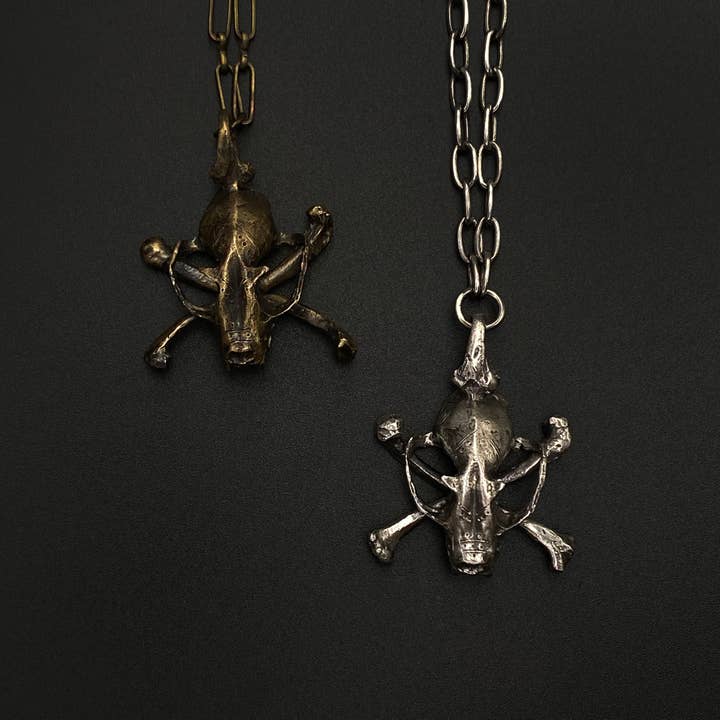 Bat Skull and Crossbone Necklace in Brass and SterlingSilver for wholesale by Miyu Decay