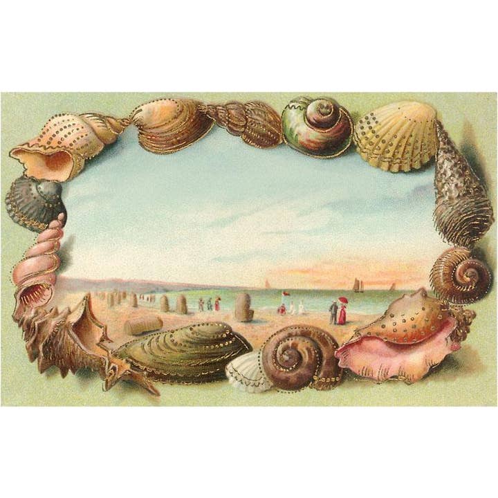 Found Image Press - Vente Affiche d'art - Impression d'art BR-54 Cadre Coquillage avec Scène de Plage