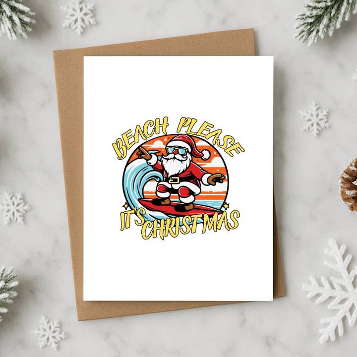Beach Please It’s Christmas Funny Surfing Santa Card – Tropi for wholesale by North Star Rustics Greetings