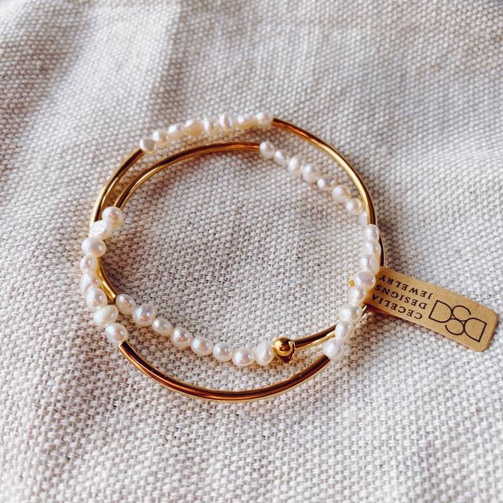 Parel of Goud Kralen Dubbele Wikkelarmband voor wholesale door Cecelia Designs Jewelry