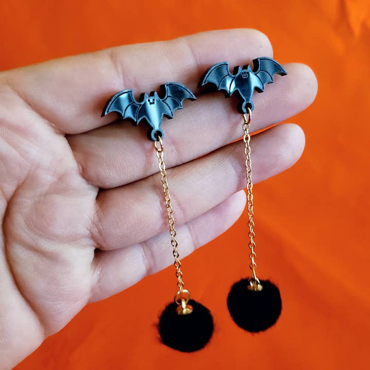 SHOPMALASTORE - Wholesale Dangle Earrings - Bat Poof Earrings - Black